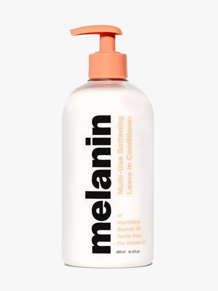 Melanin Haircare Multi-Use Softening Leave-In Conditioner white bottle with orange pump cap on light gray background