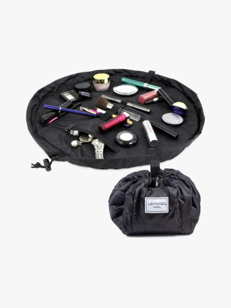 Lay-n-Go Cosmo Layflat Drawstring Makeup Bag Organizer in branded component on a light gray background